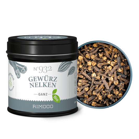 Bio Gewürznelken ganz, schwarze Rimoco Gewürzdose N°932 neben einer offenen Dose mit ganzen Nelken.