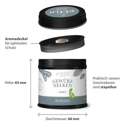 Infografik: Bio Gewürznelken ganz Gewürzdose mit Aromadeckel, 65 mm hoch, 66 mm Durchmesser, stapelbar.