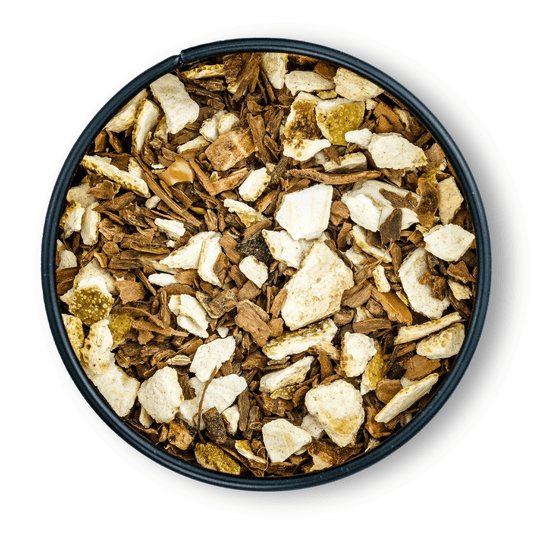 Bio Glühweingewürz in schwarzer Dose aus der Vogelperspektive.