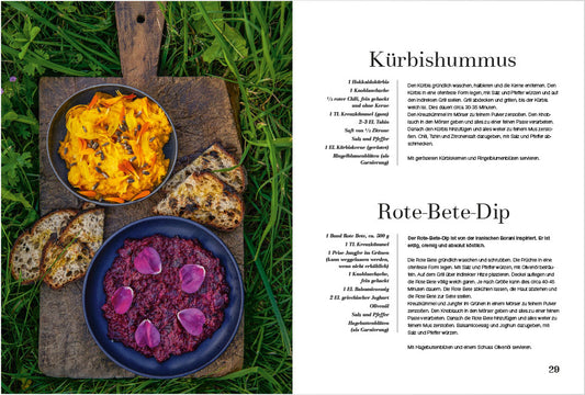 Grillgemüse Kochbuch mit vegetarischen Grillrezepten, bunten Dips, Brot und Gemüse auf dem Cover.