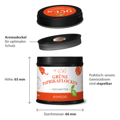 Runde Dose Bio Grüne Paprikaflocken mit beschriftetem Deckel, geöffnet und geschlossen gezeigt.