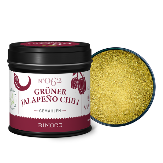 Dose Grüner Jalapeño Chili gemahlen, darin gelbgrünes Chilipulver, ist zu sehen.