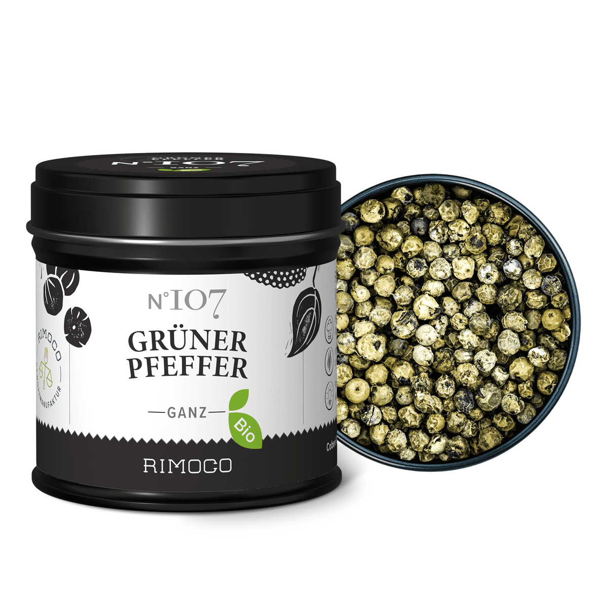 Bio Grüner Pfeffer Dose mit ganzen grünen Pfefferkörnern daneben.