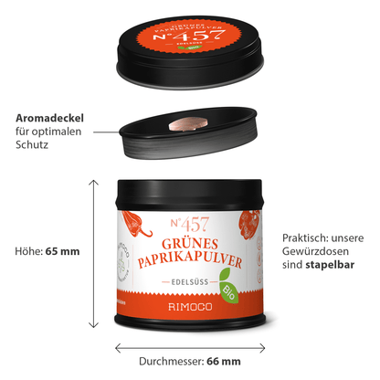 Bio Grünes Paprikapulver edelsüß in runder Dose mit stapelbarem Deckel, Schrift auf dem Etikett.