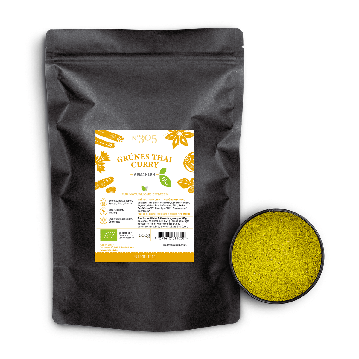 Schwarzer Beutel Bio Grünes Thai Curry, daneben runde Dose mit gelbem, gemahlenem Gewürz.
