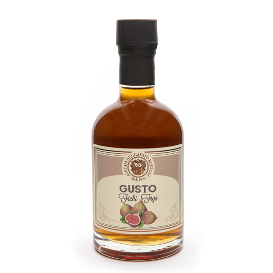 Bertoni Feigen-Balsamico Condimento in Glasflasche mit beigem Etikett und schwarzem Deckel.