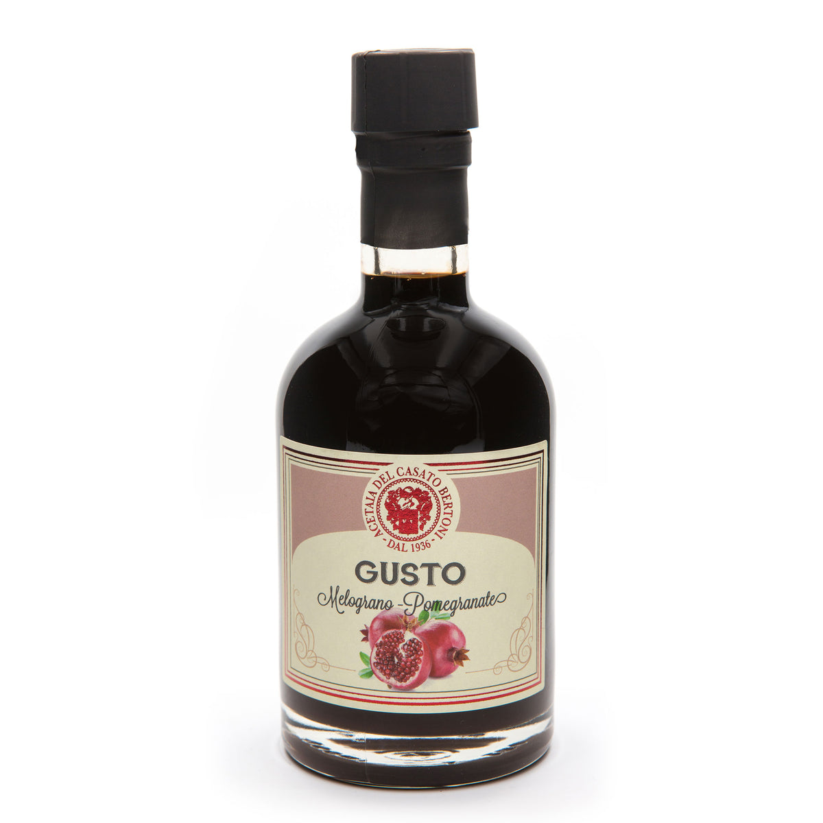 Bertoni Granatapfel-Balsamico Condimento Flasche mit Wachssiegel und Granatapfelbild auf dem Etikett.