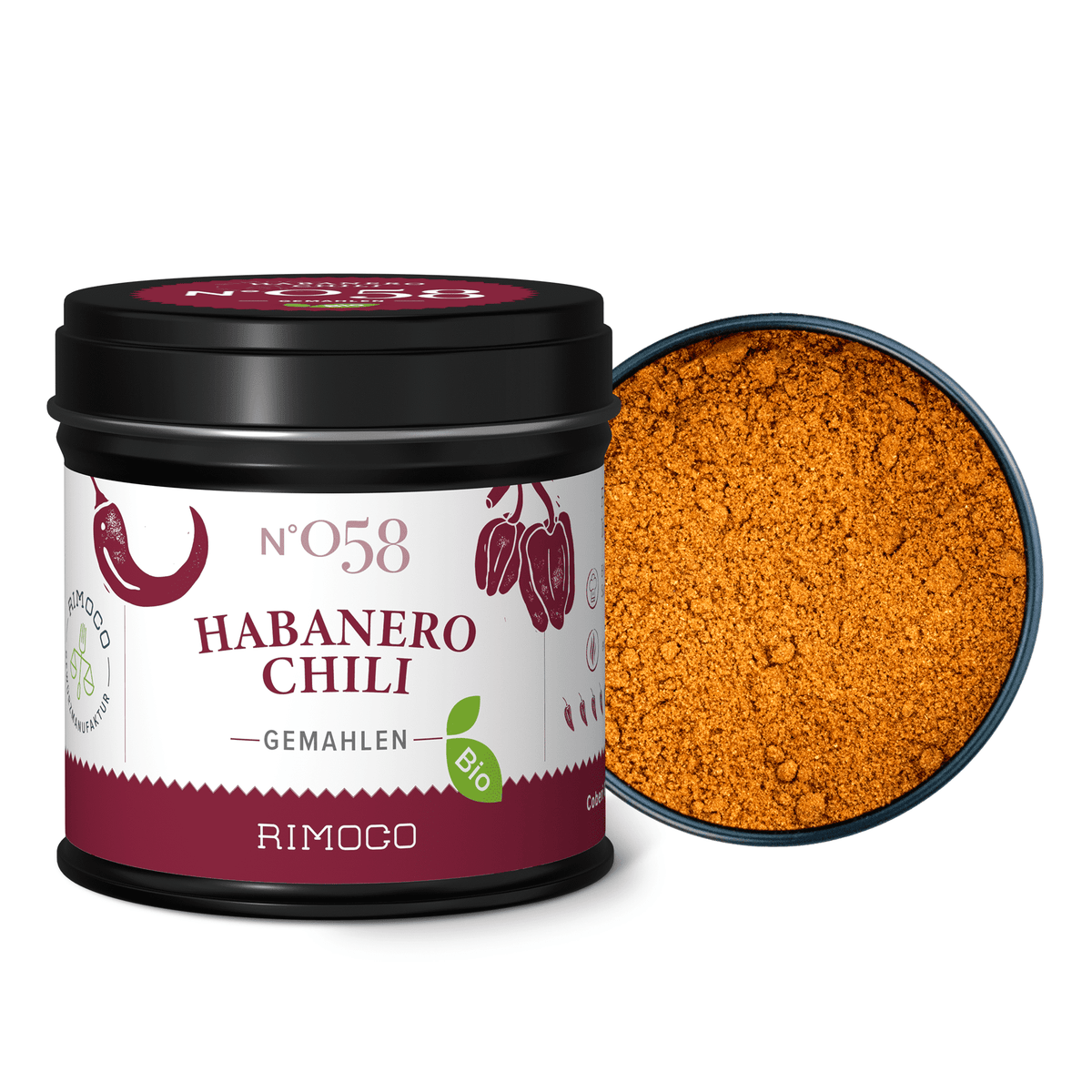 Bio Habanero Chili gemahlen in schwarzer Dose neben geöffneter Dose mit leuchtend orangem Chilipulver.