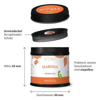 Bio Harissa Gewürz Dose mit Aufschrift marokkanische Gewürzmischung und Text auf Deutsch.