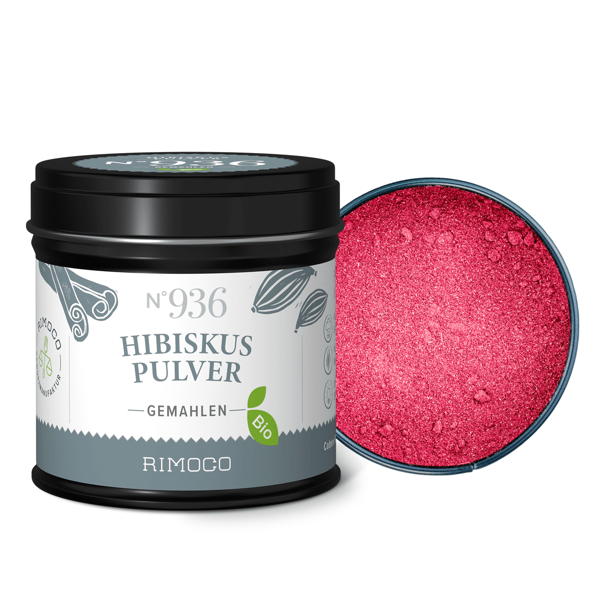 Offene schwarze Dose mit sichtbarem rosa Hibiskusblütenpulver.