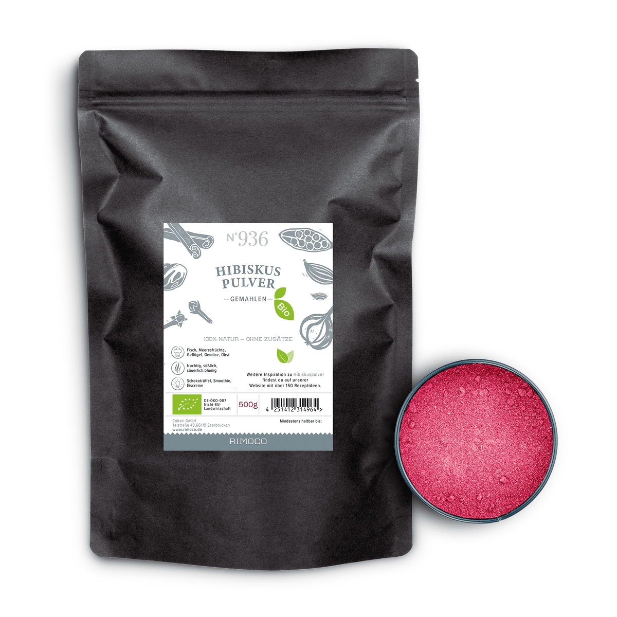 Bio Hibiskus Pulver in schwarzer Packung neben einer Schüssel mit leuchtend rotem Pulver.