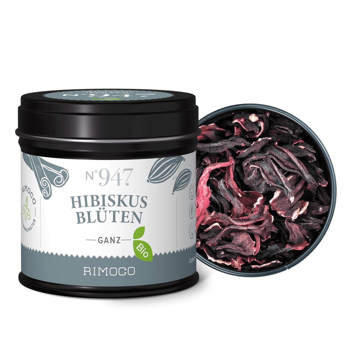 Schwarze Dose mit Aufschrift Bio Hibiskusblüten ganz, darin getrocknete Hibiskusblüten sichtbar.