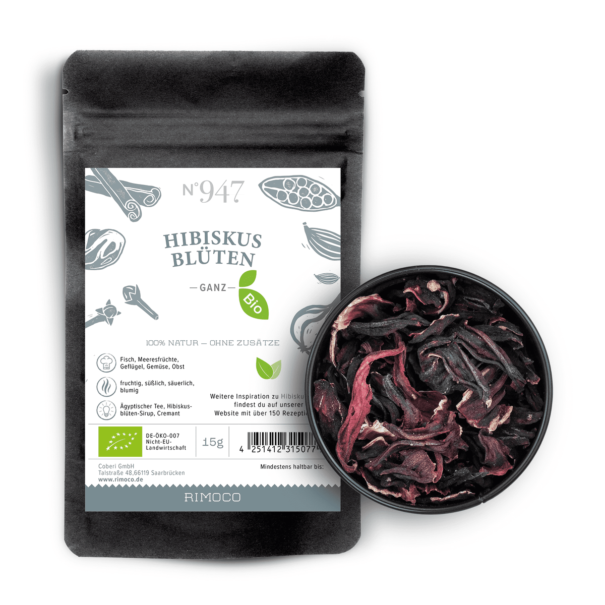 Eine Packung und eine Schale mit ganzen Bio Hibiskusblüten auf weißem Hintergrund.