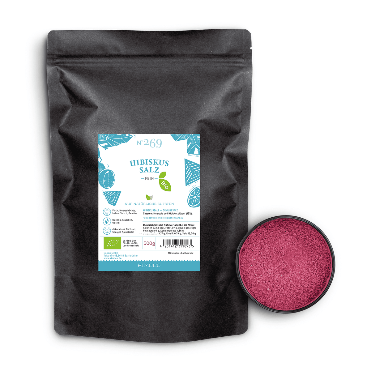 Schwarzer Beutel mit Aufschrift Bio Hibiskussalz neben offenem Behälter mit feinem rosa Salz.