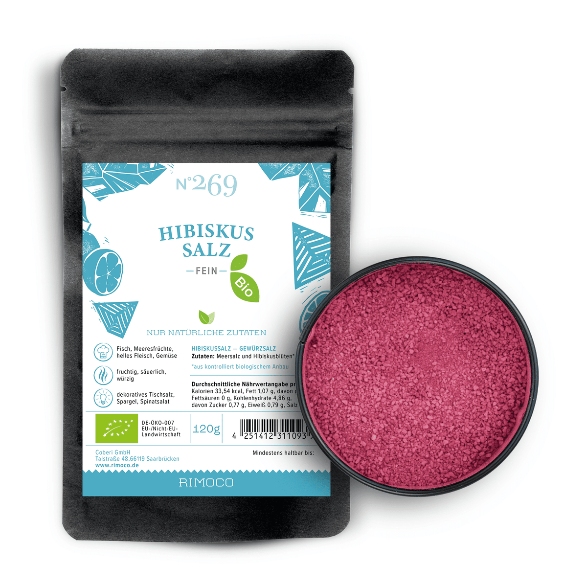 Bio Hibiskussalz Packung neben einer Schale mit feinem, leuchtend rosafarbenem Salz.
