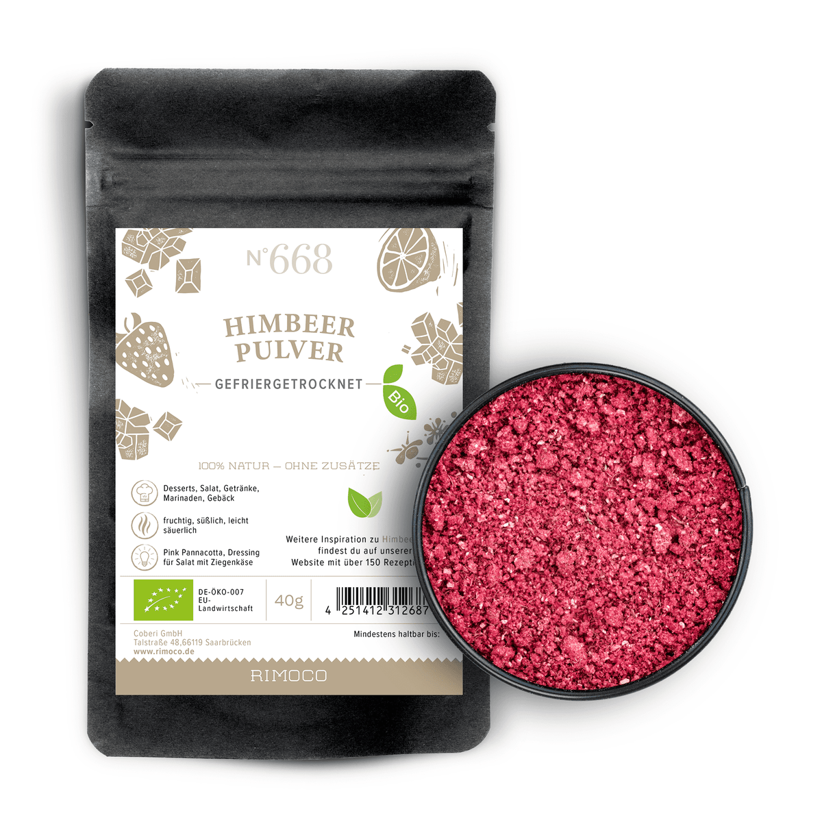 Bio Himbeerpulver in schwarzer Packung neben einer Schale mit leuchtend rotem Pulver.