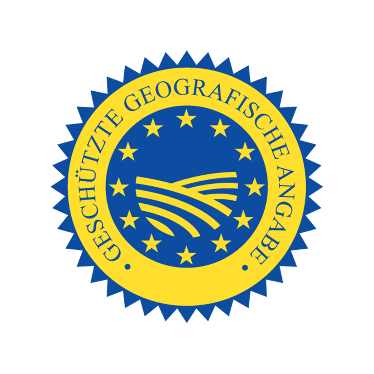 Blau-gelbes Siegel mit Sternen und der Aufschrift „Fleur de Sel de Guérande“.