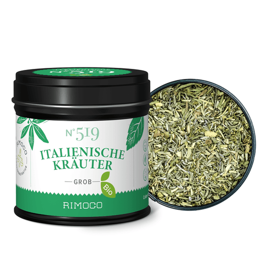 Ein offenes Glas Bio Italienische Kräuter, innen sichtbare mediterrane Kräutermischung in Flockenform.