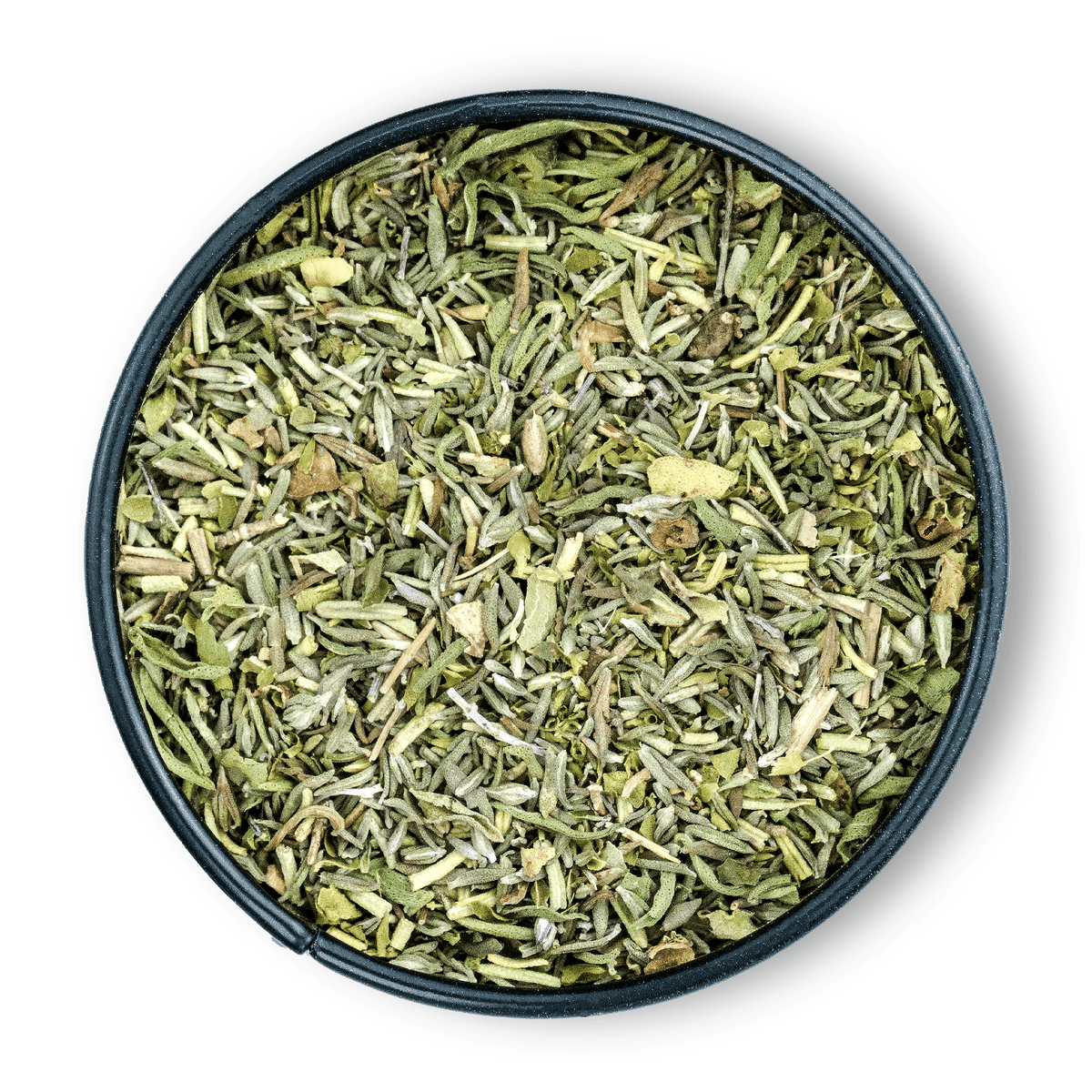 Runde Dose Bio Italienische Kräuter von oben auf weißem Hintergrund.