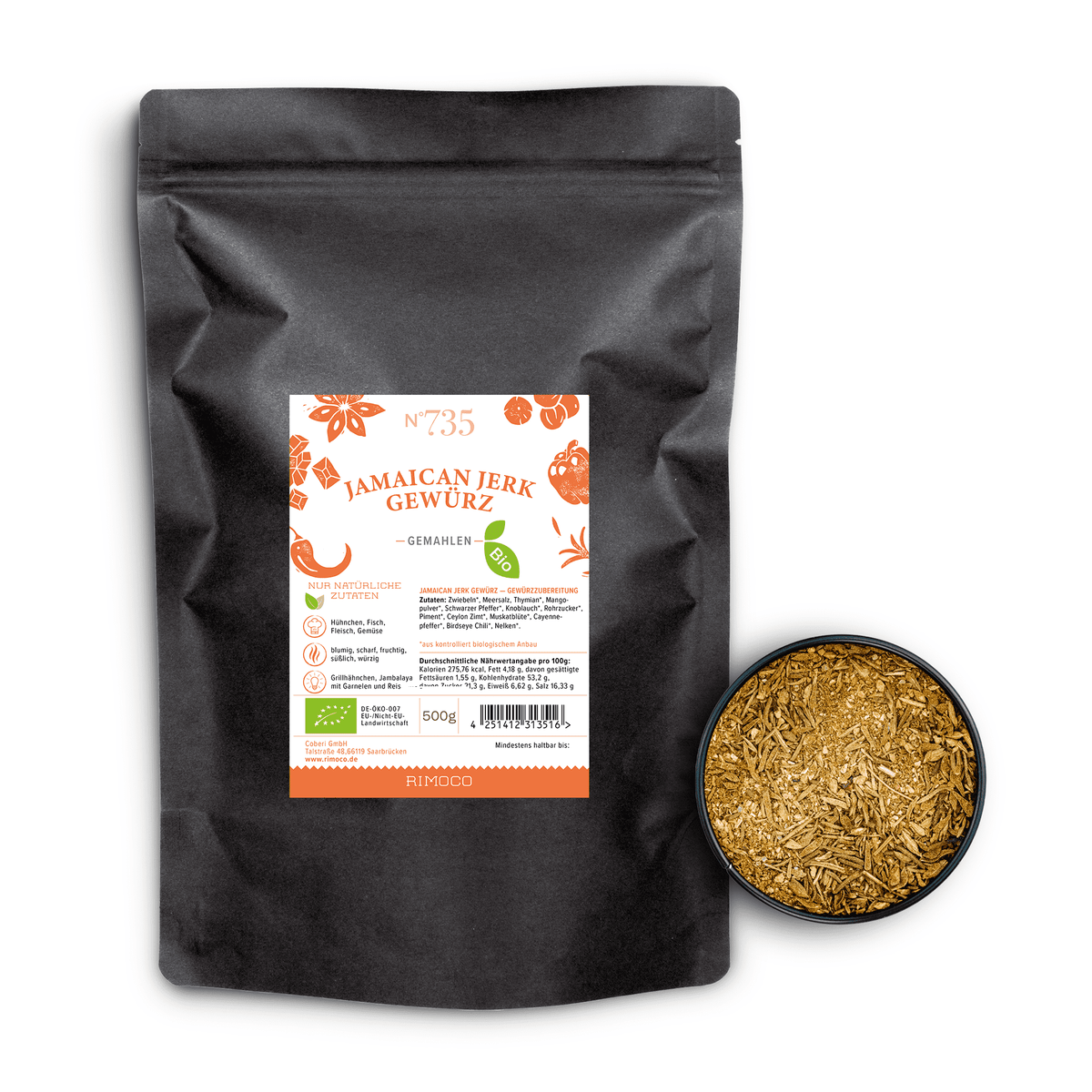 Schwarze Tüte Bio Jamaican Jerk Gewürz neben einer Schale mit gemahlenem Gewürz.