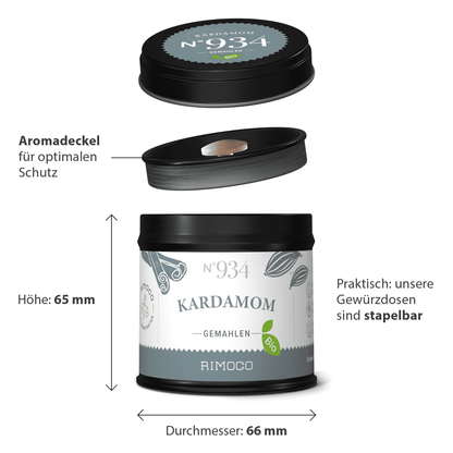 Schwarze Dose mit Aufschrift Bio Kardamom gemahlen; stapelbarer, luftdichter Deckel.