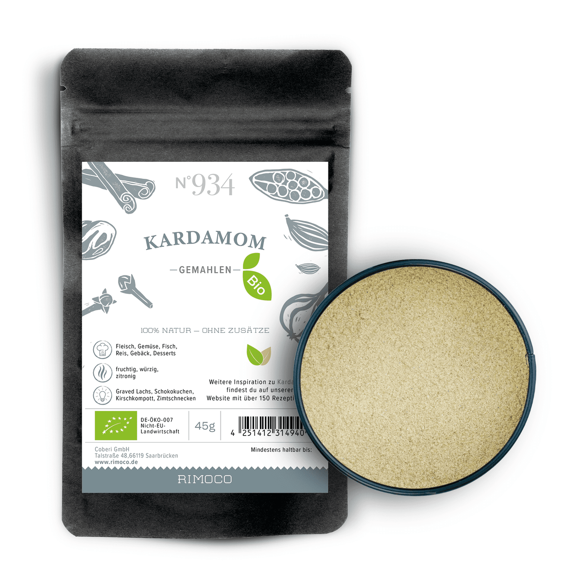 Bio Kardamom gemahlene Packung, daneben gemahlenes Kardamompulver in rundem Behälter.