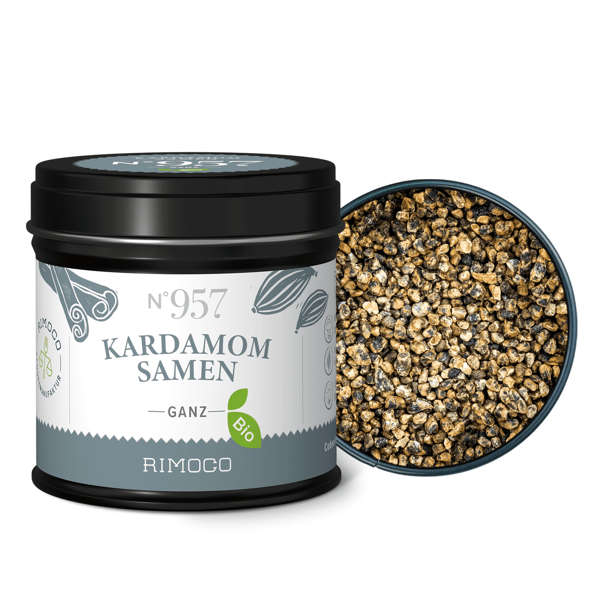 Geöffnete Dose mit ganzen Bio-Kardamomsamen, Samen im Inneren sichtbar.