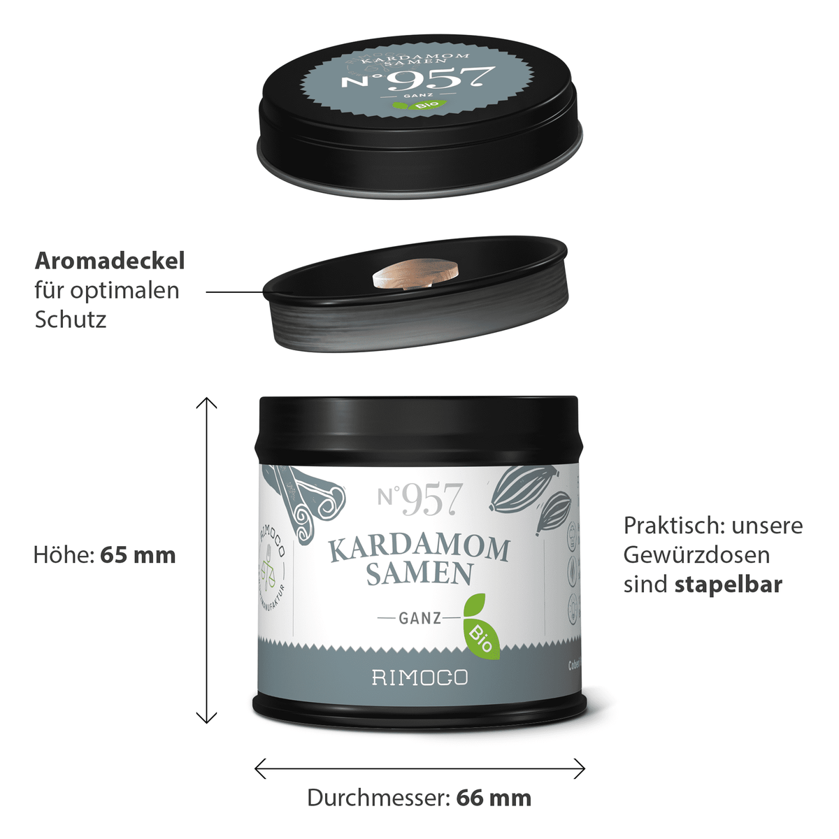 Bio Kardamomsamen ganz in runder Dose mit schwarzem Deckel, Etikett mit Stapelhinweis und Grammangabe.