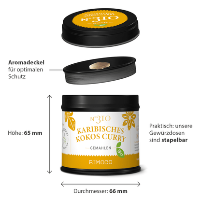 Gelbe Gewürzdose mit schwarzem Deckel, Aufschrift Bio Karibisches Kokos Curry, stapelbares Design.