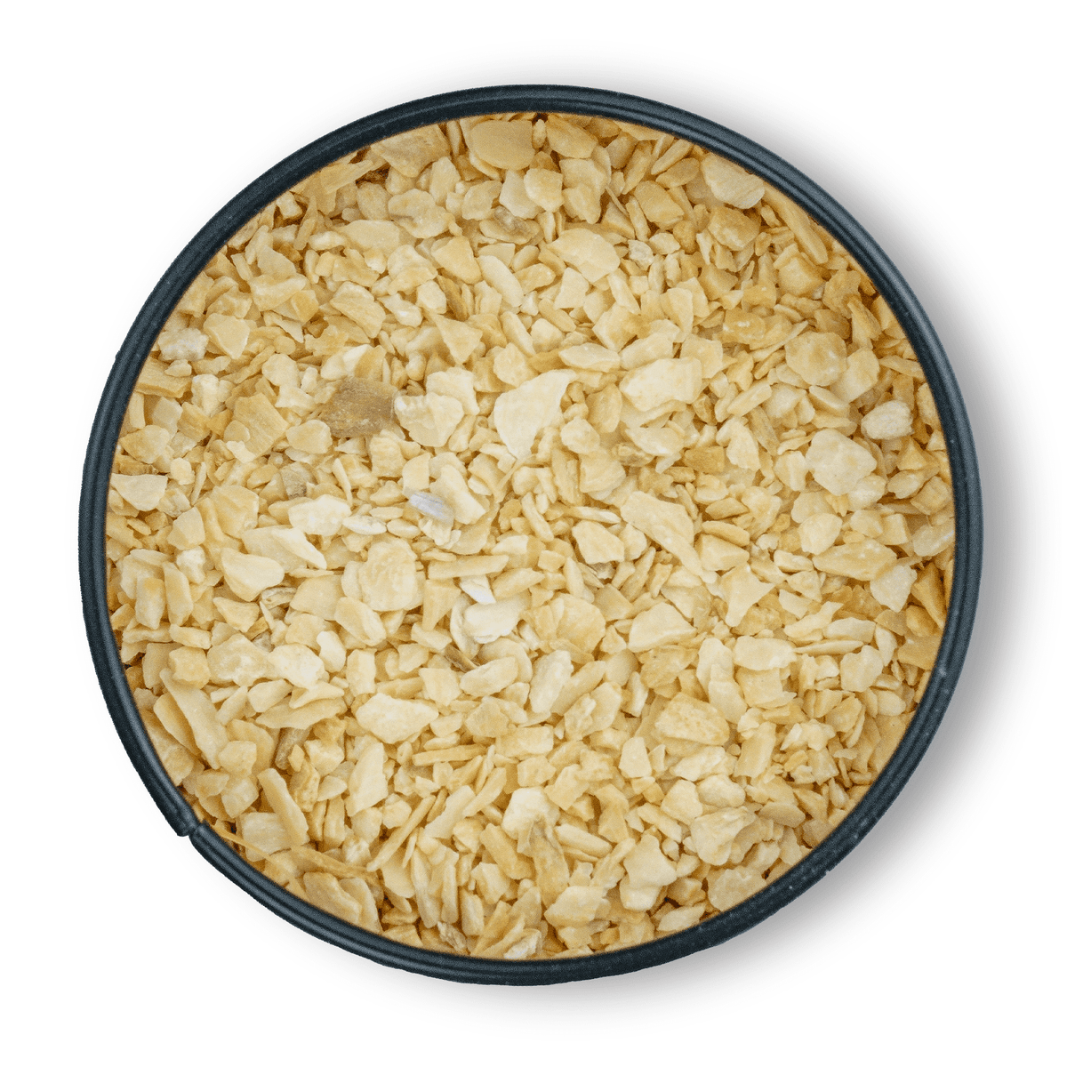 Bio Knoblauch Granulat, runde schwarze Dose von oben auf weißem Hintergrund.