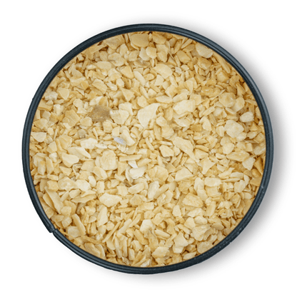 Bio Knoblauch Granulat, runde schwarze Dose von oben auf weißem Hintergrund.