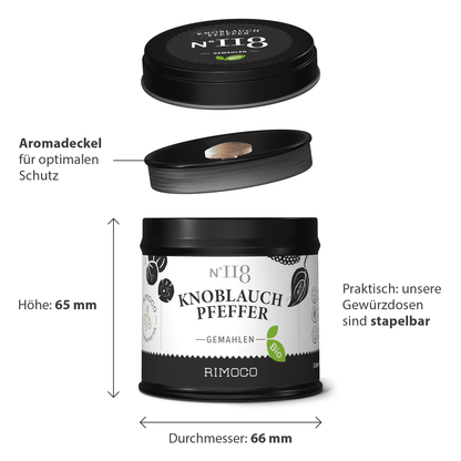 Runde schwarze Dose Bio Knoblauchpfeffer mit beschriftetem Deckel, Stapelhinweis sichtbar.