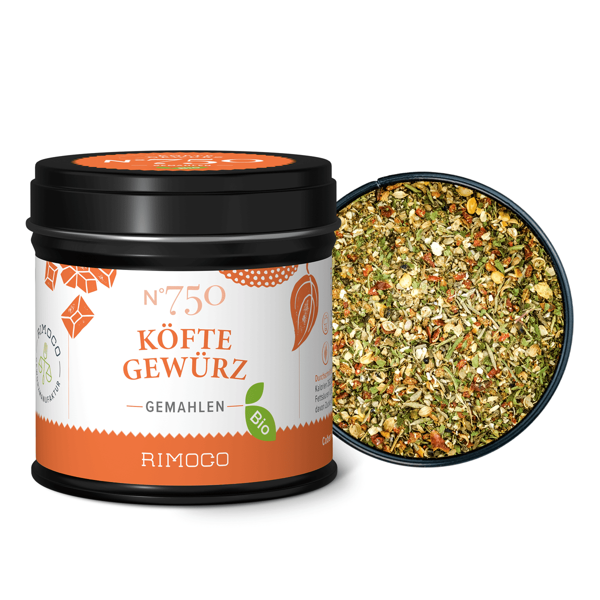 Bio Köfte Gewürz Dose, im geöffneten Deckel sind gemahlene Gewürze zu sehen.