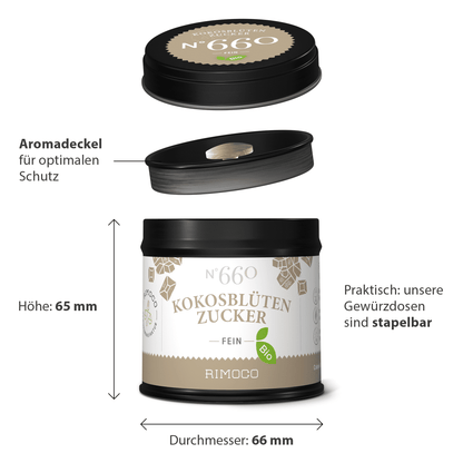 Runde Dose Bio Kokosblütenzucker mit schwarzem Deckel, einmal geöffnet und einmal geschlossen.