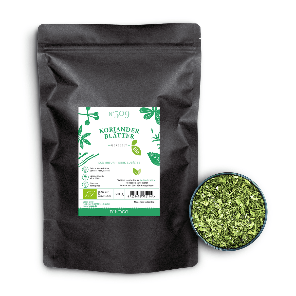 Bio Korianderblätter-Packung neben einer Schale mit getrockneten Korianderblättern.