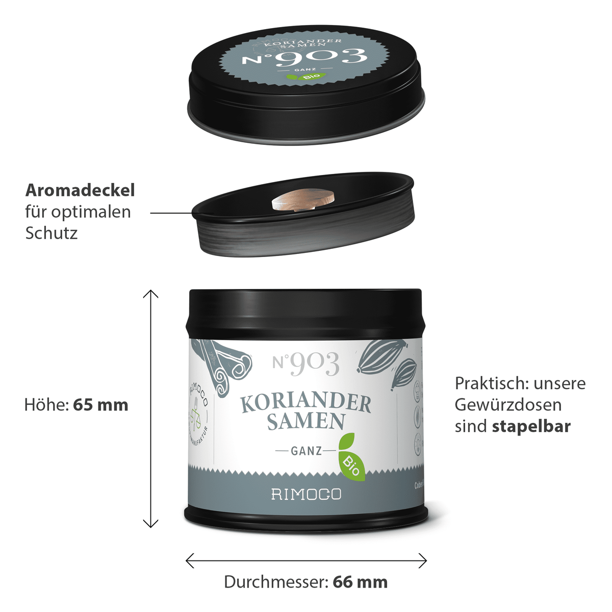 Runde schwarze Dose mit Aufschrift Bio Koriandersamen.