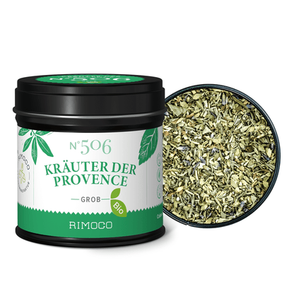 Bio Kräuter der Provence, Dose mit geöffnetem Deckel und getrockneten Kräutern sichtbar.