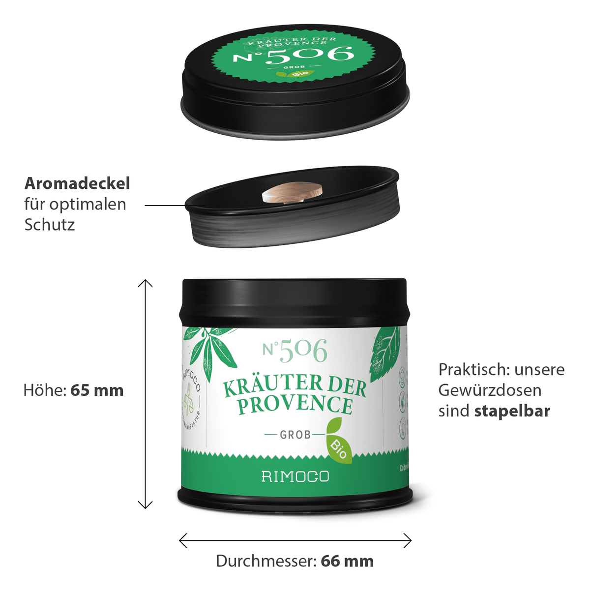 Dose Bio Kräuter der Provence in Schwarz-Grün mit stapelbarem, schützendem Deckel.