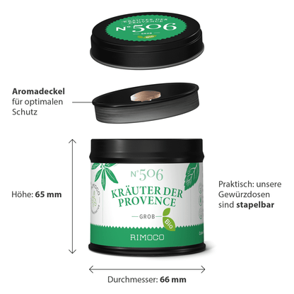 Dose Bio Kräuter der Provence in Schwarz-Grün mit stapelbarem, schützendem Deckel.