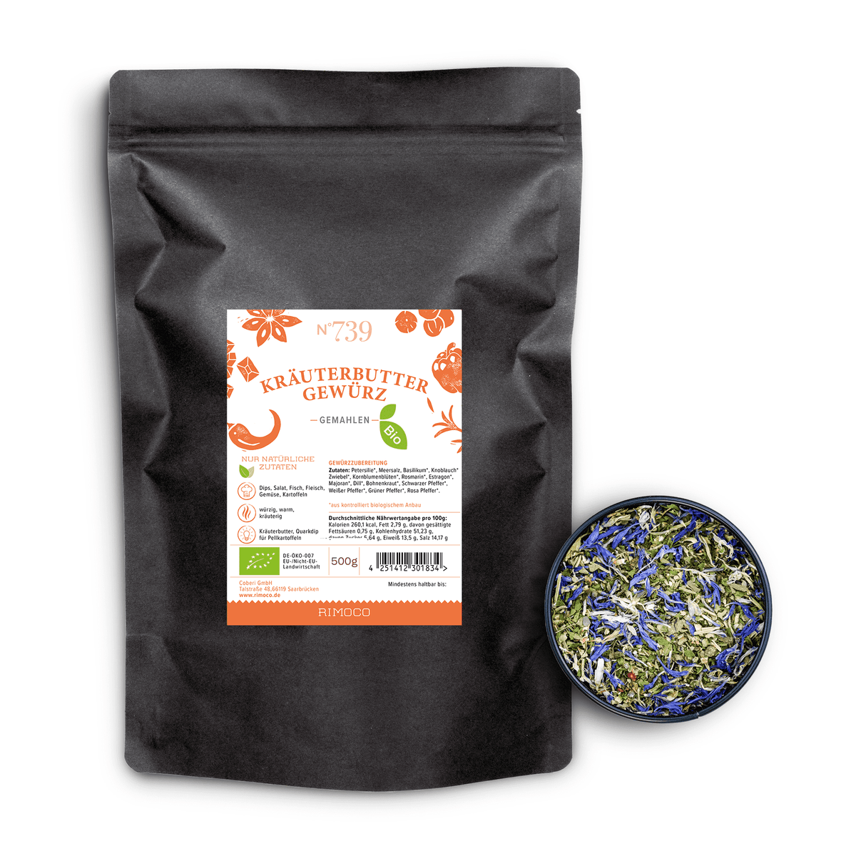 Bio Kräuterbutter Gewürz in schwarzer Packung, daneben eine Schale mit bunten getrockneten Kräutern.