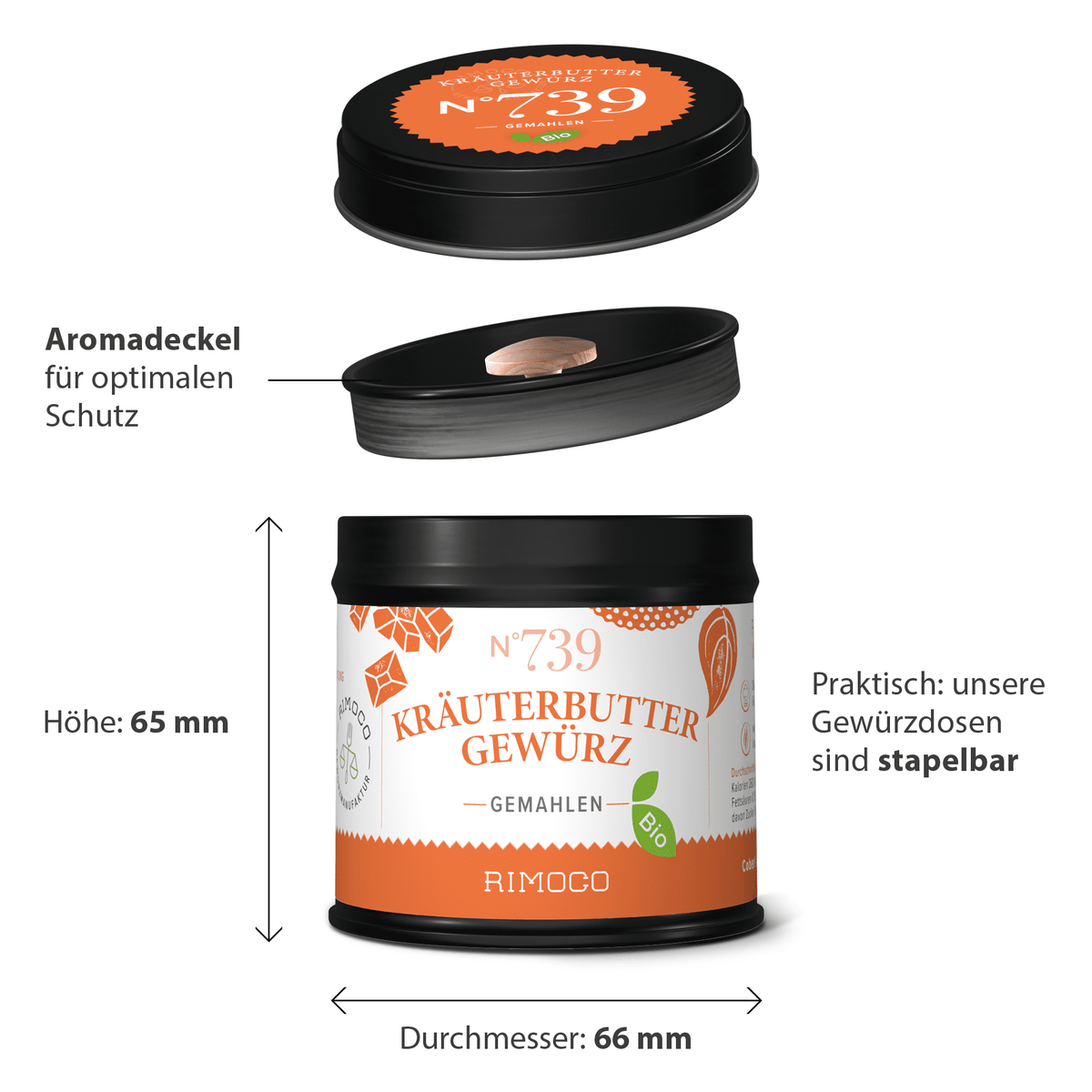 Bio Kräuterbutter Gewürz in schwarzer, runder Dose mit orangem Etikett; stapelbar.