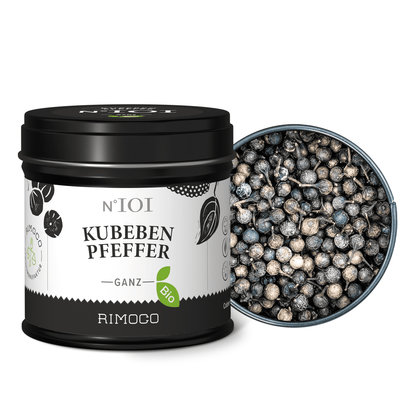 Bio Kubebenpfeffer-Dose mit sichtbaren ganzen Pfefferkörnern.