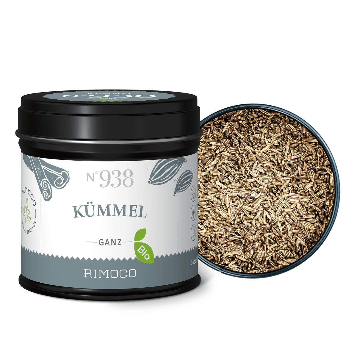 Dose mit Aufschrift Bio Kümmel ganz, offen, darin ganze Kümmelsamen sichtbar.