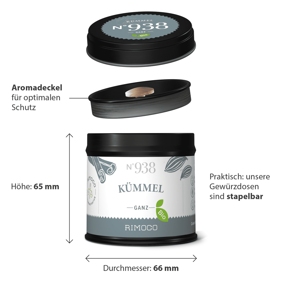 Schwarze, runde Dose mit Aufschrift Bio Kümmel ganz und abnehmbarem Deckel.