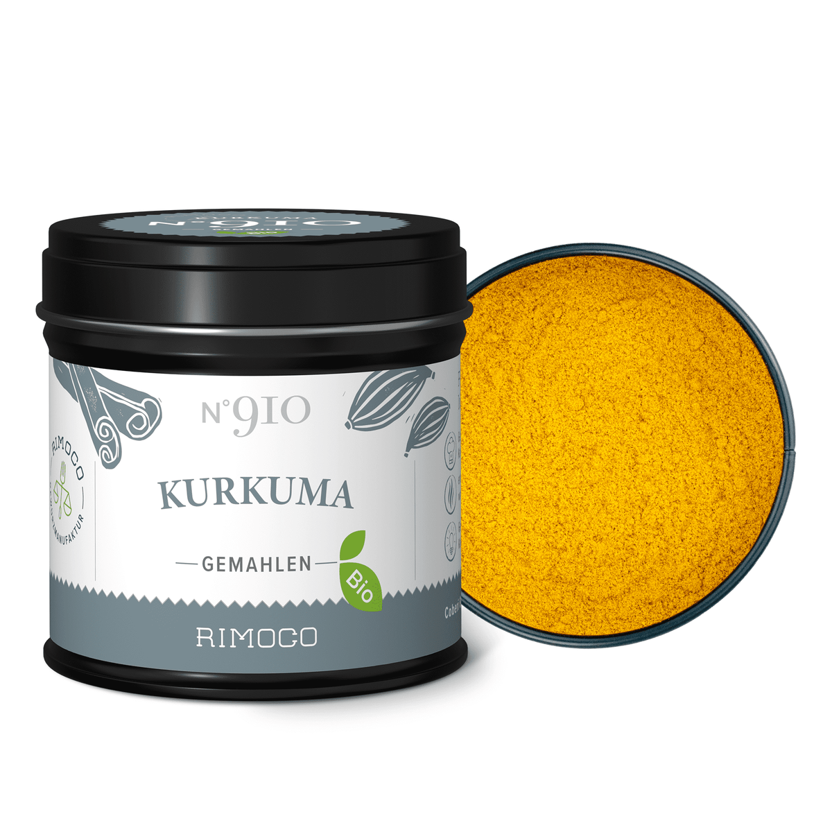 Offene Dose Bio Kurkuma mit leuchtend gelbem, gemahlenem Kurkuma sichtbar.