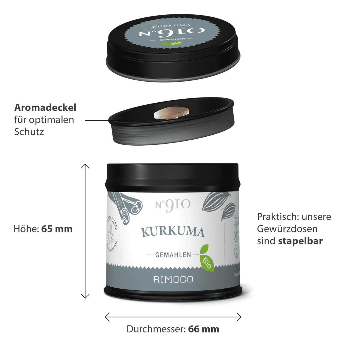 Schwarze runde Dose mit Aufschrift Bio Kurkuma. Die Dose ist stapelbar und aromadicht geschlossen.