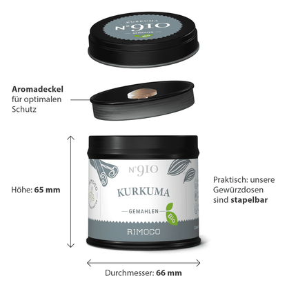 Schwarze runde Dose mit Aufschrift Bio Kurkuma. Die Dose ist stapelbar und aromadicht geschlossen.