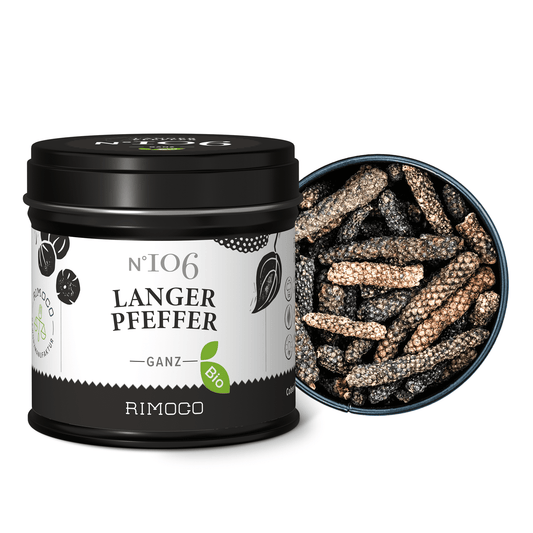 Schwarze Dose Bio Langer Pfeffer, geöffnet, zeigt ganze, längliche Pfefferkörner.