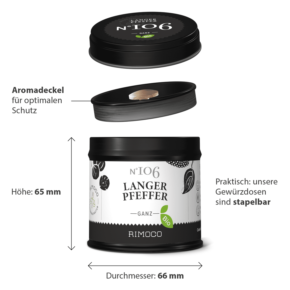 Bio Langer Pfeffer in schwarzer Dose mit Deckel, N°106 auf der Vorderseite sichtbar.