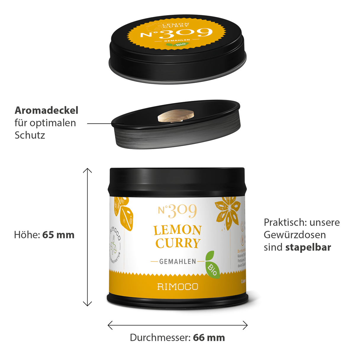 Bio Lemon Curry Dose in Schwarz und Gelb mit stapelbarem, schützendem Deckel.